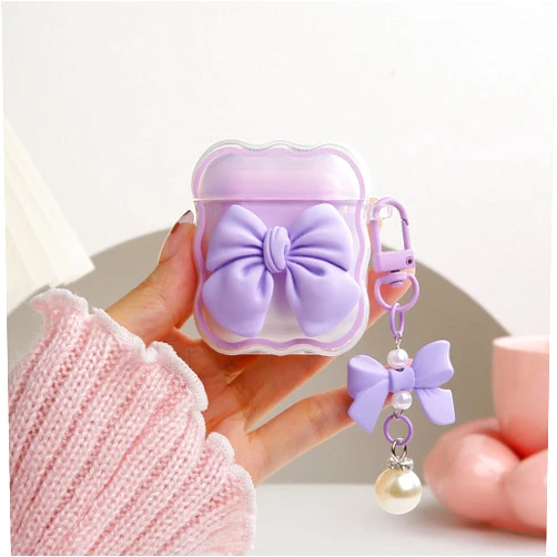 QLD COVER Compatible with Apple AirPods 2nd 1st Generation Case Cover, Cute 3D Bow Tie Design Shockproof Soft Clear TPU Kawaii Airpods 1/2 Protector with Keychain for Women Girls, Purple 2