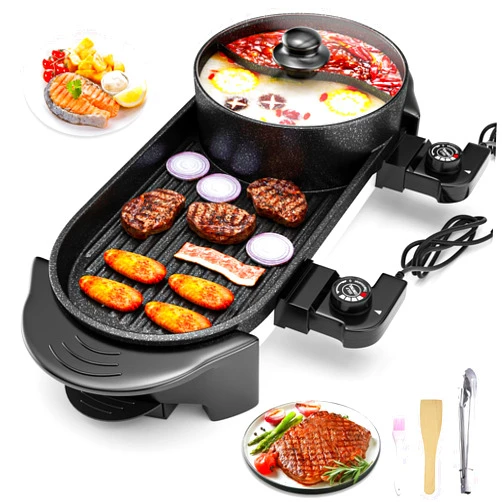 Panghuhu88 2 in 1 Electric Grill Hot Pot,Multifunctional Smokeless Grill Indoor Teppanyaki Grill/Shabu Pot with Divider-Separate Dual Temperature Contral,hot pot with grill for 2-12 People,110V