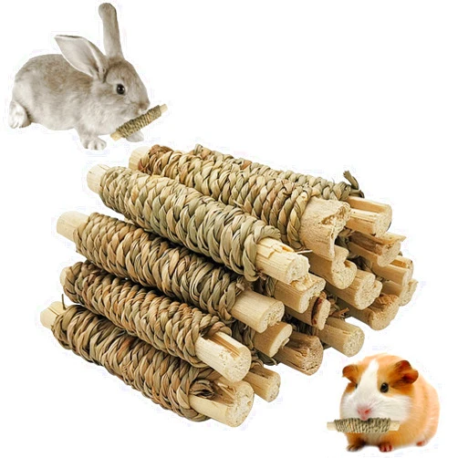 Fhiny 18 PCS Guinea Pig Chew Toys, Natural Seagrass Sweet Bamboo Molar Sticks for Teeth Bunny Chew Toys Cage Accessories for Rabbit Bunny Guinea Pig Chinchilla Hamster
