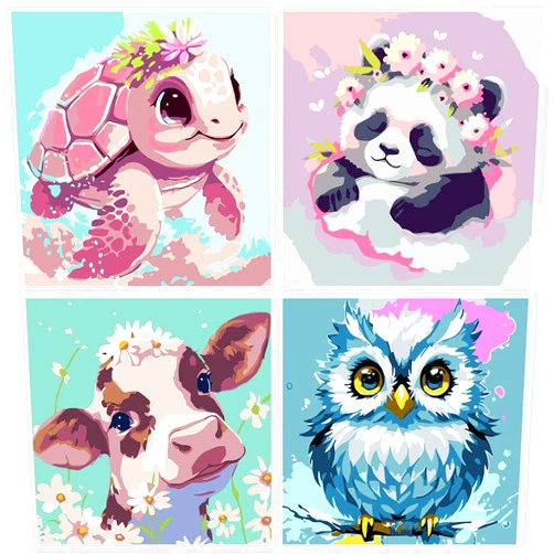 FQOVKYN 4 Pack Paint by Number for Kids, Cute Animals Paint by Numbers Kit for Adults Beginner, Easy Acrylic Watercolor Paint by Numbers Canvas Arts and Crafts for Wall Decor (8 * 8in)