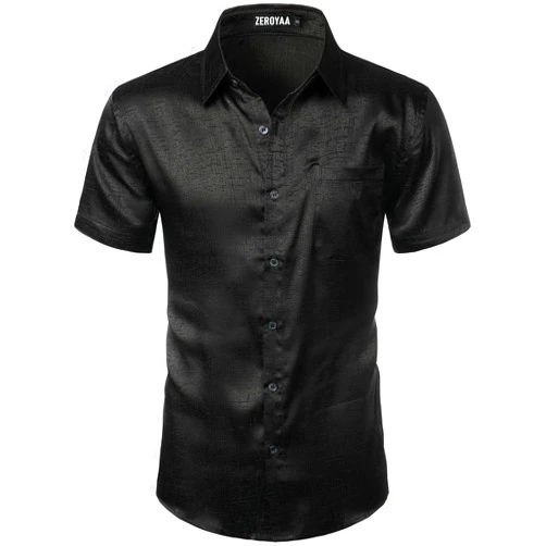 ZEROYAA Men's Shiny Luxury Silk Satin Jacquard Dress Shirt Short Sleeve Button Up Shirts with Pocket for Party Prom