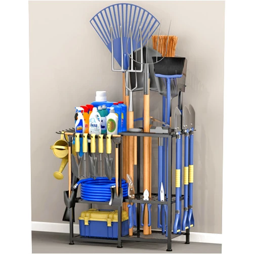 Lovind Garden Tool Organizer, Metal Yard Tool Organizer,Holds 70 Long-Handled Tools/Rakes/Brooms,Side Garden Pocket,Heavy Duty Steel Yard Tool Storage Rack for Garage,Shed, Outdoor(Black-Large)