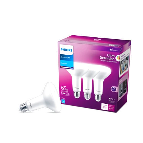 PHILIPS LED Flicker-Free Frosted Dimmable BR30 Light Bulb - EyeComfort Technology - 650 Lumen - Daylight (5000K) - 7.5W=65W - E26 Base - Title 20 Certified - Ultra Definition - Indoor - 3-Pack