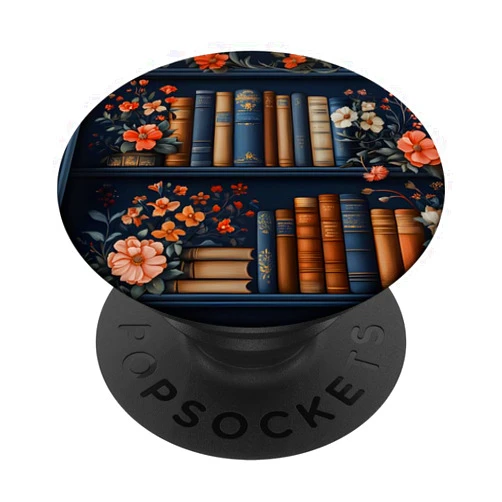 Enchanted Book Nook Designs Dark Library Bookshelf with Vintage Books and Flowers PopSockets Adhesive PopGrip
