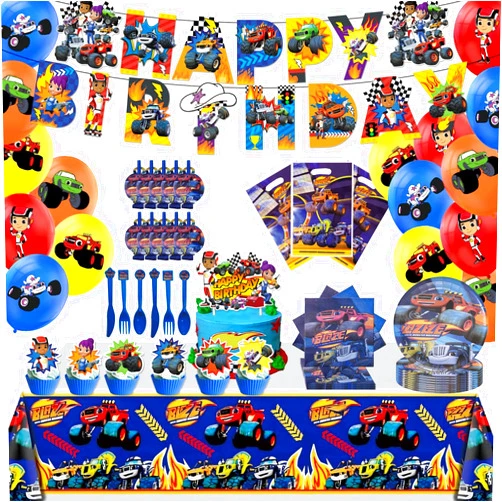 Htwhvt 133 Pcs Monster Truck Birthday Party Supplies,Included Banner,Gift Bag,Party Blowers,Tablecloth,Cake Topper,Cupcake Toppers,Plates,Balloon,Racing Car Tableware Set for Boy Truck Party Decorations