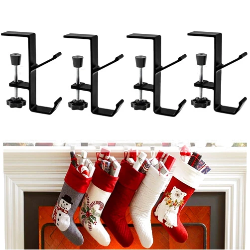 VRTYVEYBB 4PCS Christmas Stocking Holders, Aluminum Alloy Fireplace Stocking and Garland Hangers for Vertical Mantle Double Hooks Rust Resistant, Adjustable Stocking Holders for Home Party Decoration(Black)