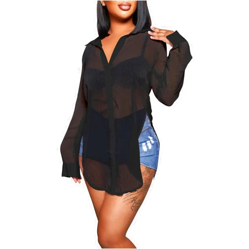 EDITCOZY Women's Sheer Cover Ups Button Up Blouse Sexy Long Sleeve Slit Hem Mesh See Through Shirts Tops