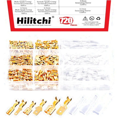 Hilitchi 720Pcs Gold Quick Splice Male and Female Wire Spade Connector Wire Crimp Terminal Block with Insulating Sleeve for Electrical Wiring Car Audio Speaker, 2.8mm 4.8mm 6.3mm Assortment Kit