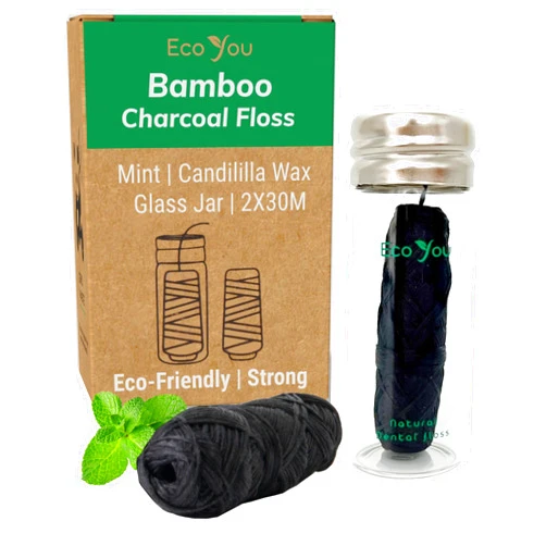 EcoYou Charcoal Bamboo Floss | 2 Natural Floss Refill with Glass Container | Organic Mint & Candelilla Wax | Vegan & Biodegradable | Compatible w/Similar Dental Floss Silk Refill Containers