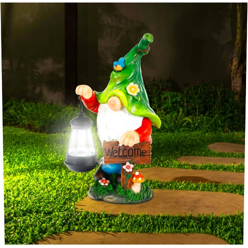 WOGOON Garden Gnome Statue, Resin Figurine with Bright Solar Lantern Lights and Welcome Sign, Outdoor Solar-Powered Illumination Yard Art Decorations for Indoor Outdoor Patio Lawn Garden Room