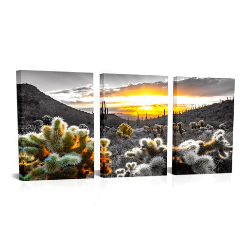 PoGoXiPoYo 3 Panel Arizona Sonoran Desert Wall Art Canvas Print Sunset Saguaro Cactus Picture Southwest Landscape Nature Botanical Painting Wall Decor for Living Room Bedroom Kitchen 12x16inchx3