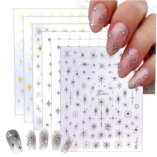 WEIXIWUYU 6 Sheets Star Nail Stickers 3D Self-Adhesive Glitter Star Gold Silver White Black Stars Nail Art Sticker Crystal Diamond Star Nail Charms Stickers for Women Girls DIY Nail Decorations Supplies