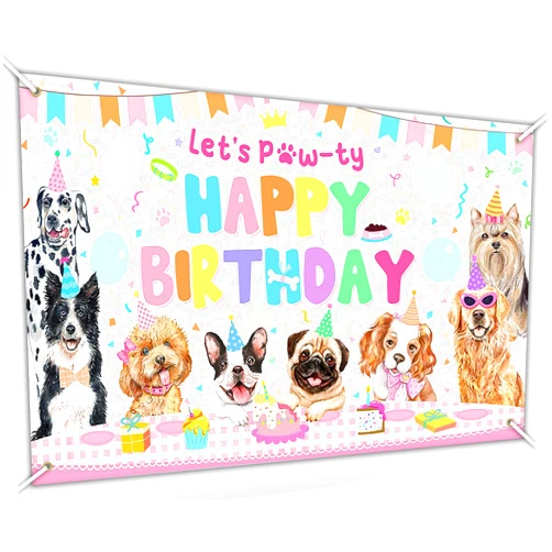 Avezano Dog Birthday Decorations Pink Puppy Dog Birthday Party Banner Let's Pawty Dogs Kids Birthday Photography Backdrop Indoor and Outdoor 70.8x43.3 inch