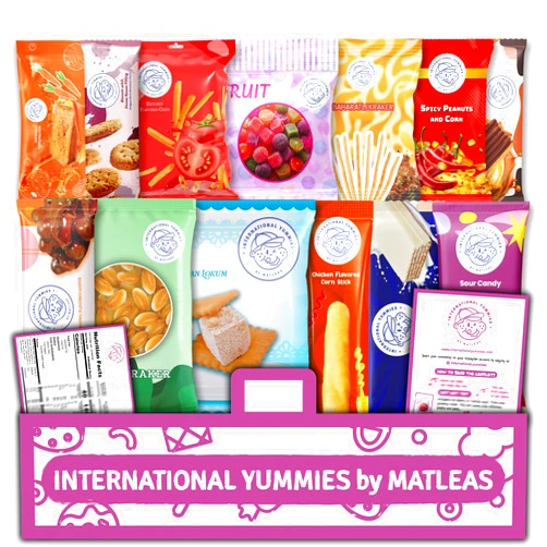 International Yummies by Matleas Midi International Snack Box | Premium Exotic Foreign Snacks | Unique Snack Food Gifts Included | Purple Theme Box | Candies from Around the World | 12 Full-Size + 1 Bonus Snacks