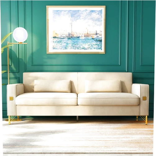 STORFENBOR Beige 85'' Velvet Sofa, Mid-Century Modern 3-Seat Couch with 2 Pillows & Gold Legs for Living Room Apartment Large Space