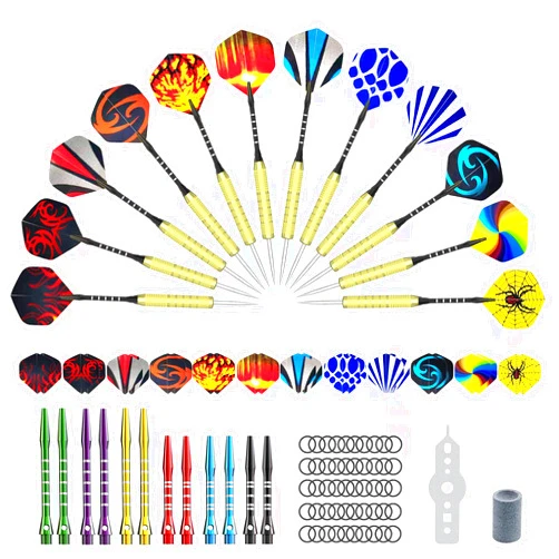 SFFRY Darts Metal Tip Set, Darts Steel Tip Set Professional Darts, 12 pcs Darts with Extra Replacement Dart Flights, Brass Barrels, O Rings, Sharpener Tool Kit
