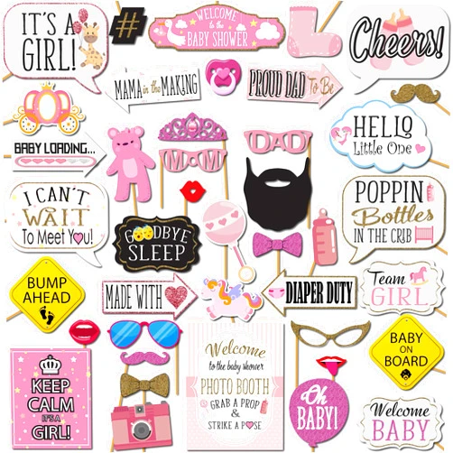 Outside The Booth Girl Baby Shower Photo Booth Props - 41-pc Photobooth Kit with 8 x 10-Inch Sign, 60 Adhesive Pads, 45 Sticks - Baby Photo Booth Props Girl - Photo Props for Baby Shower