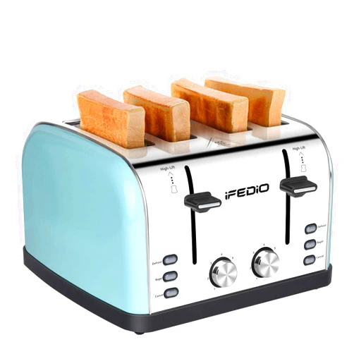 iFedio 4 Slice Extra Wide Slots Stainless Steel with BAGEL CANCEL DEFROST Function for Breakfast,Bread Kitchen Compact Toaster, (Blue) 1500W