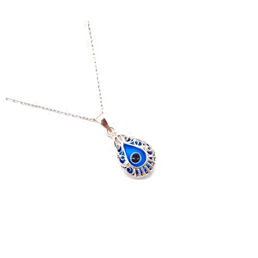 Mystic Jewels - 925 Sterling Silver Glass Evil Eye Drop Shape Filigree Pendant with Silver Chain (Eye Shape)