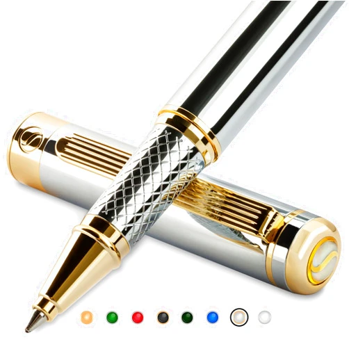 Scriveiner Silver Chrome Rollerball Pen - Stunning Luxury Pen with 24K Gold Finish, Schmidt Ink Refill, Best Roller Ball Pen Gift Set for Men & Women, Professional, Executive Office, Nice, Fancy Pens
