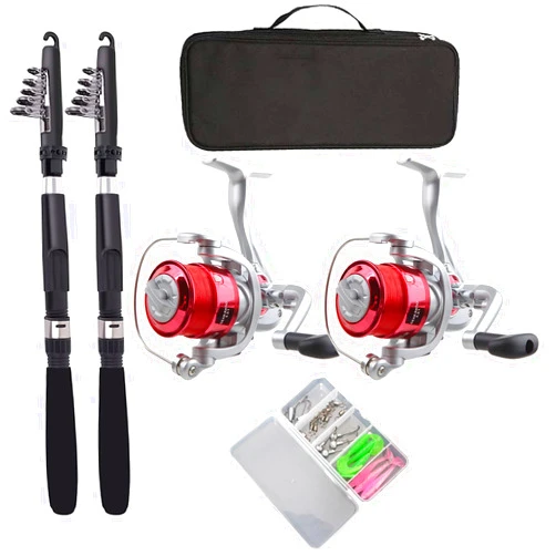 WANYOO Fishing Pole Combo Set,2.1m/6.89ft 2PCS Collapsible Rods 2PCS Spinning Reels Lures Set Carrier Bag Carbon Fiber Telescopic Fishing Rods Sea Saltwater