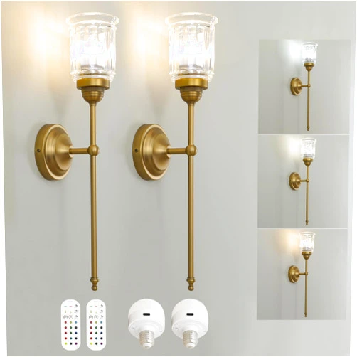 HEQIQEH Vintage Rechargeable Battery Operated Wall Sconces Set of 2 with Clear Fringe Glass Shade, Dimmable Cordless Wall Mounted Lamp Fixtures with Remote Control for Living Room Bedroom Stairs