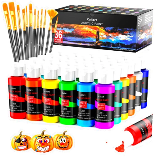 Caliart Acrylic Paint Set With 12 Brushes, 36 Colors (59ml, 2oz) Art Craft Paints Gifts for Artists Kids Beginners & Painters, Halloween Pumpkin Canvas Ceramic Rock Painting Kit Art Supplies