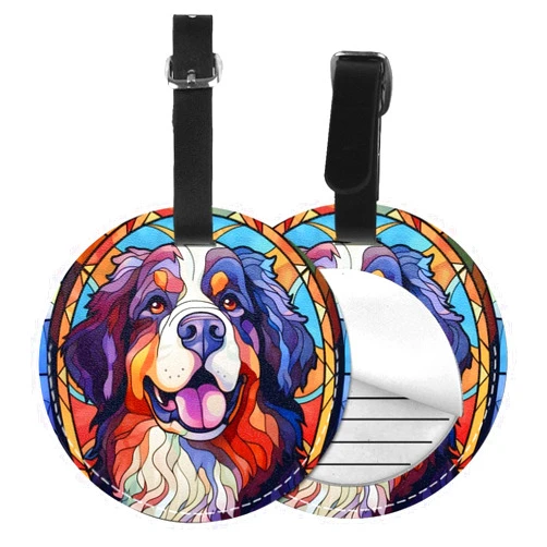 Novgift Bernese Mountain Stained Dog Breed Glass Art 2 Pcs Luggage Tag for Suitcase,Name Bag Tags, Round Baggage Identifiers with Privacy Cover,Leather Id Label for Women Men Travel