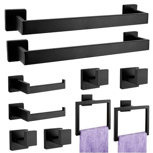 PAHSFS Bathroom Accessories Towel Bar Set: 10 Pieces Matte Black Bathroom Hardware Square SUS304 Stainless Steel - Wall Mounted Towel Rack&Toilet Paper Holder&Towel Ring and Towel Hook