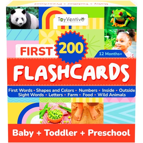 TOYVENTIVE First 200 Thick Toddler Flash Cards, 1 2 3 4 Year Old Letter, Number, Color, Animal, Baby Flash Cards Activities, Montessori Toys for Toddlers and Preschool, Toddler Learning Cards