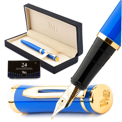 Wordsworth & Black Fountain Pen Set, 18K Gilded Medium Nib, Includes 24 Pack Ink Cartridges, Ink Refill Converter & Gift Box, Gold Finish, Calligraphy, [Imperial Blue], Perfect for Men & Women