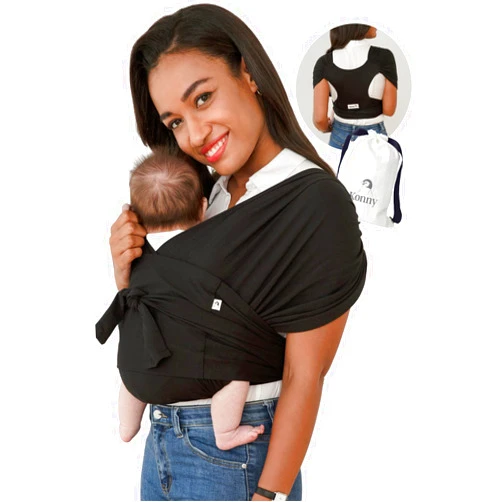 Konny Baby Carrier Elastech Luxury Carrier Wrap, Easy to Wear Baby Wrap Carrier, Perfect Essentials Cloths for Newborn Babies up to 44 lbs, (Black, L)