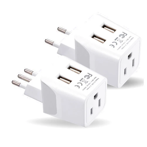 Ceptics Italy, Europe Travel Adapter Plug Set - 2 Pack - with 2 USB + USA Socket Input - Type L and Type C - Ultra Compact - Safe Grounded Perfect for Cell Phones, Laptops, Camera Chargers