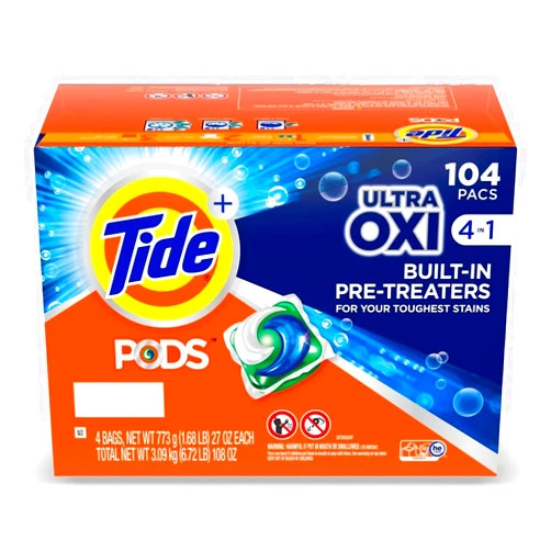 JÁCLER TIDE PODS Liquid Laundry Detergent Pacs, 4-in-1 Ultra Oxi, HE Compatible, Built-in Pre-Treater for Stains, 104 Count, 4 Bags