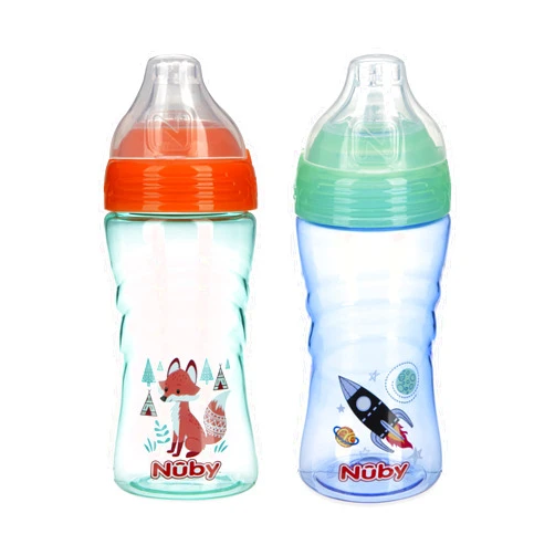 Nuby 2 Pack No Spill Printed Thirsty Kids No-Spill Sip-it Sport Cup with Soft Spout and Lid - 12oz, 12+ Months,2 Count(Pack of 1),Print May Vary