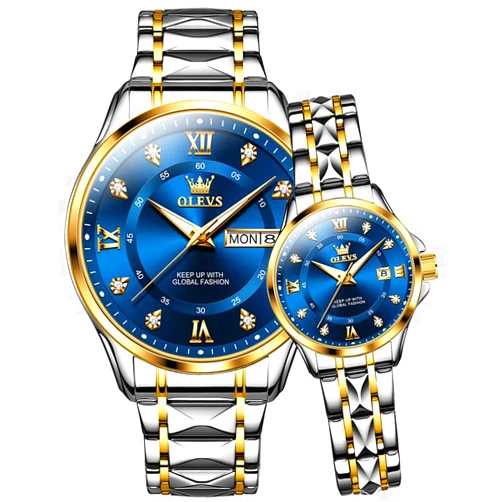 OLEVS Couple Quartz Watch Valentine's Day Luminous Calendar Date Business Formal Luxury Men's and Women's Watch Waterproof Casual Stainless Steel Couple Wedding Romantic Watch 2 Pieces