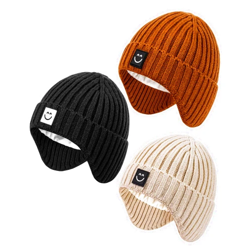 Alepo 3 Pack Baby Beanie Hats with Earflaps, 2 Size Baby Winter Hat for Toddler Kids, Fleece Lined Knit Hat for Girls Boys