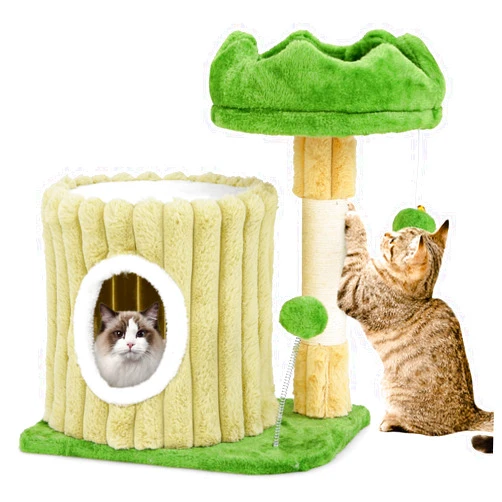 Tangkula Small Cat Tree, Green Cat Tower with Private Cat Condo, Plush Top Perch, Hanging Pompom & Spring Toy, Sisal Scratching Post, Cute Cat Climbing Tree for Indoor Cats