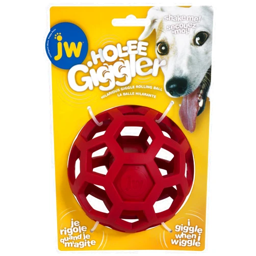 JW Pet Hol-ee Giggler Dog Toy Puzzle Ball, Natural Rubber, Medium (4.5 Inch Diameter), Red