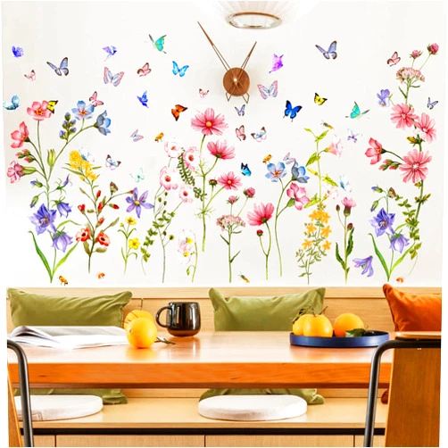 Philbinden Colorful Flower Wall Stickers with Butterfly and Bee 88 Pcs Removable Flower Wall Decals DIY Peel and Stick Art Wall Decor Mural for Nursery Baby Kids Bedroom Living Room Kitchen Home Decoration