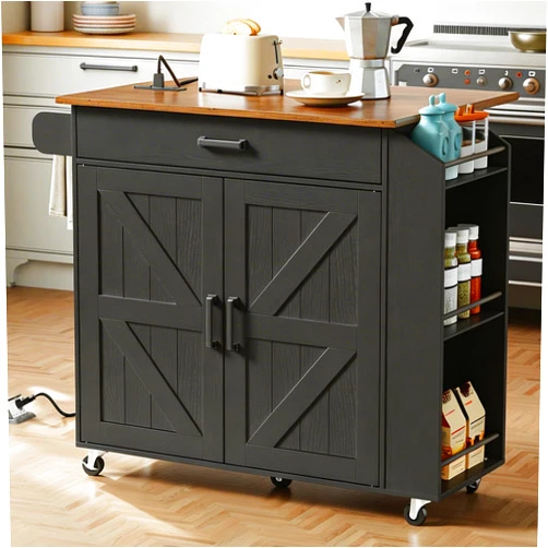 HOOBRO Kitchen Island with Drop Leaf Countertop & Power Outlet, Rolling Island Cart on Wheels, Kitchen Cart with Drawer & Spice Rack, Mobile Island Table for Kitchen, Black BF86UZD01