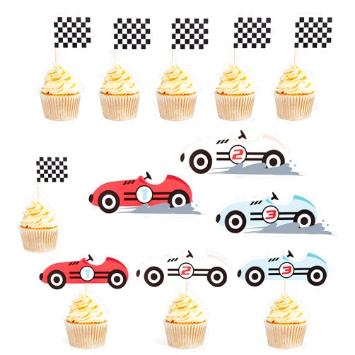 YESSWL 12PCS Vintage Racing Checkered Flag Cupcake Toppers Racing Themed Birthday Party or Baby Shower Cupcake Toppers, Buggy Party Decorations, Party Birthday Decorations Cocktails Fruit Sticks Toothpick