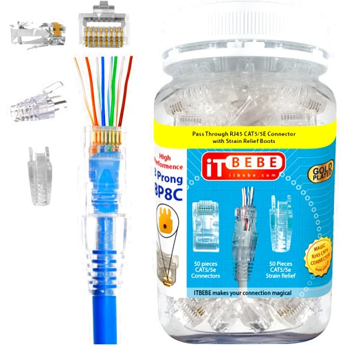 Itbebe.com Gold Plated end Pass Through RJ45 Cat5 cat5e Connector and strain relief by itbebe (Cat5/5e 50/50 Pieces)