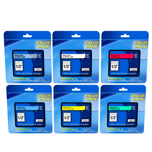 JOJOME 6-Pack Compatible P Touch Label Tape TZe TZ Tape 12mm 0.47 Laminated Label Maker Tape Work for PT-D210 PT-H110 PT-D220 D410 D600 D400AD, Black Text on Clear/White/Red/Blue/Yellow/Green