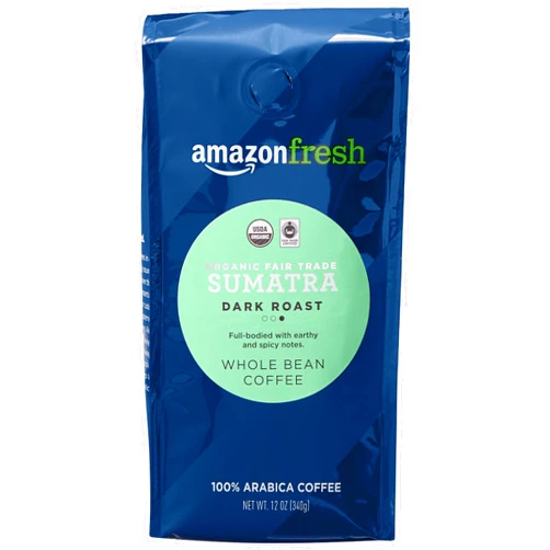 Amazon Fresh Organic Fair Trade Sumatra Whole Bean Coffee, Dark Roast, 12 Ounce