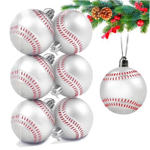 Erweicet 6 Pack Baseball Christmas Silver Ball Ornaments Christmas Decorations, 2.36 Inch Shatterproof Chrsitmas Tree Ball Ornaments with Hanging Loop for Home Office Holiday Party Christmas Decorations