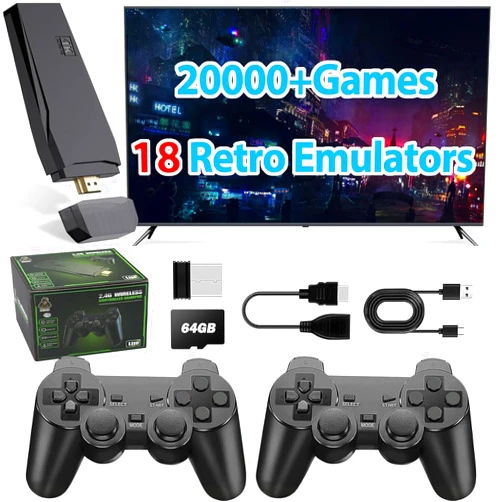 PGYFDAL Wireless Retro Game Console Stick Built-in 20000+ Classic Games, 4K HDMI Output Nostalgia Plug & Play Retro Video Gaming Stick with 18 Emulators and Dual 2.4G Wireless Controller（64GB）