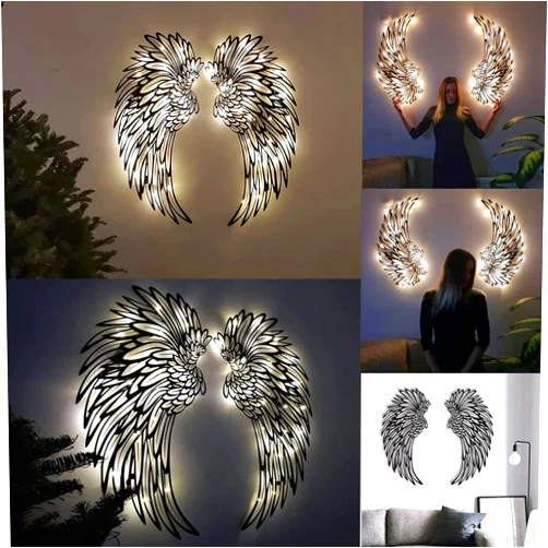 Haraketlt 1 Pair Angel Wings Metal Wall Art with Led Lights - 2023 New Angle Wings Wall Art Sculpture Decor Cool 3D Shadow, Easy to Hang DIY Angel Wing Decoration Crafts for Bedroom Living Room Office (C-16 inches)