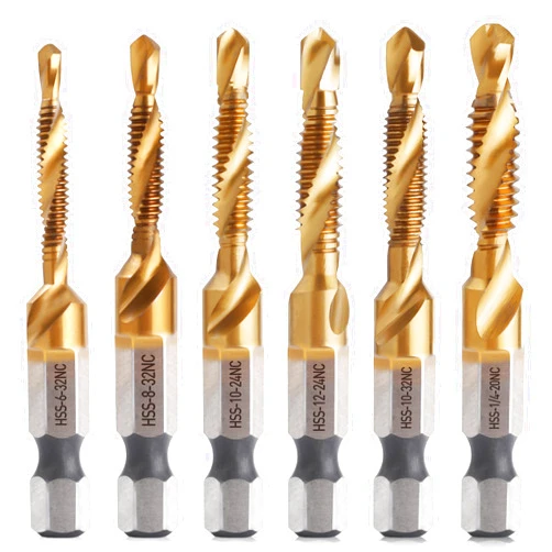 AIMLENTOOL 6PCS Combination Drill and Tap Bit Set, 3-in-1 Titanium Coated HSS Screw Tapping Bit for Drilling, Tapping and Deburring, SAE Size 6-32NC to 1/4-20NC, 1/4