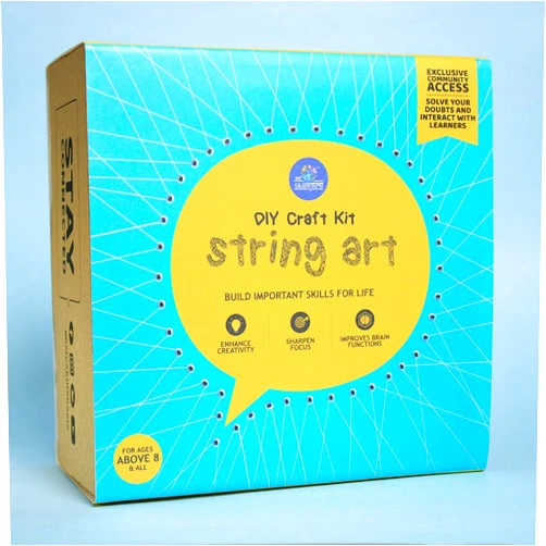 IEIDidactics Myskillshaala - DIY String Art Kit - Create Unique String Art with Wooden MDF Boards, Nails, Hammer, Colored Threads and Video Tutorials Included (Yellow & Blue)